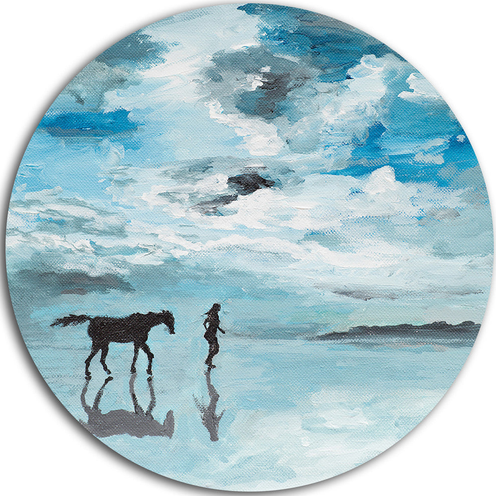 Man And Horse Running On Water, Seascape Painting Round Wall Art, 23"