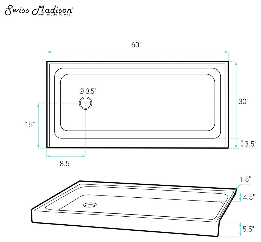 Voltaire 60x30 Shower Pan Base With Left Drain, Glossy Gray