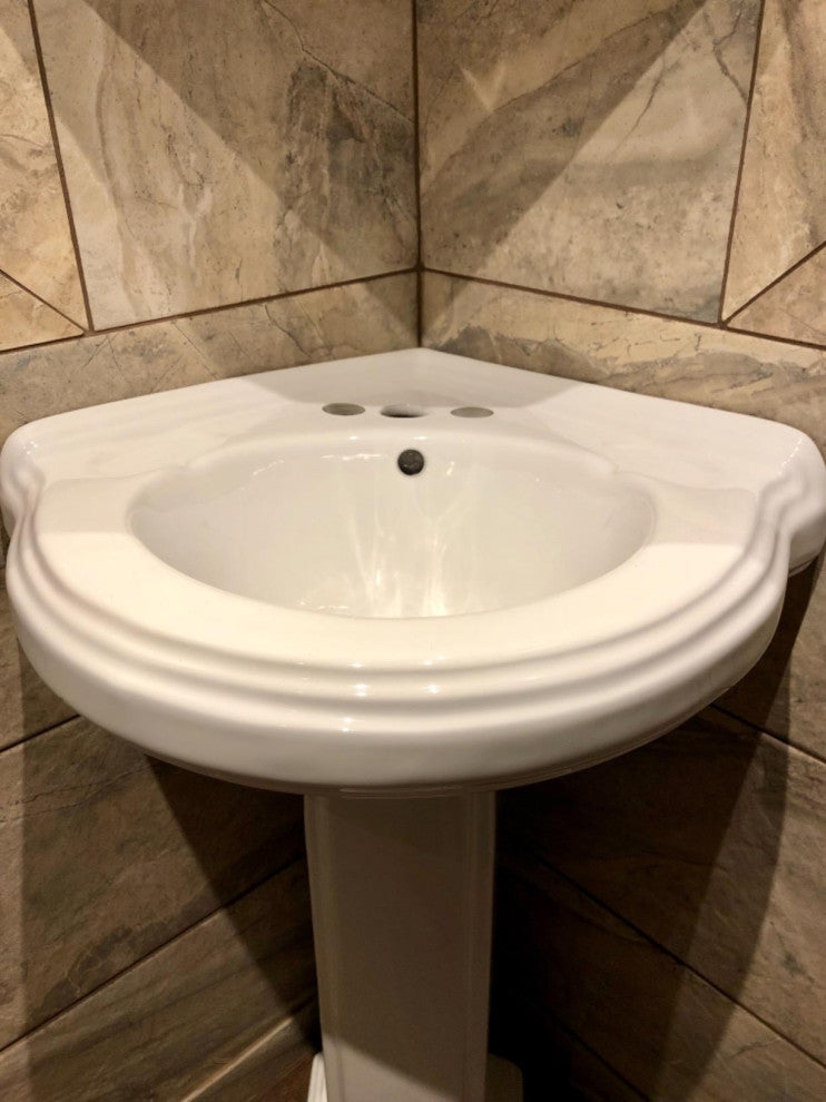 Corner Pedestal Sink White China with Centerset Faucet Holes and Overflow