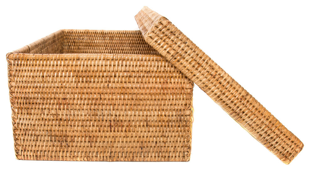 Artifacts Rattan Rectangular Storage Box With Lid, Honey Brown, 14"x10"x6"