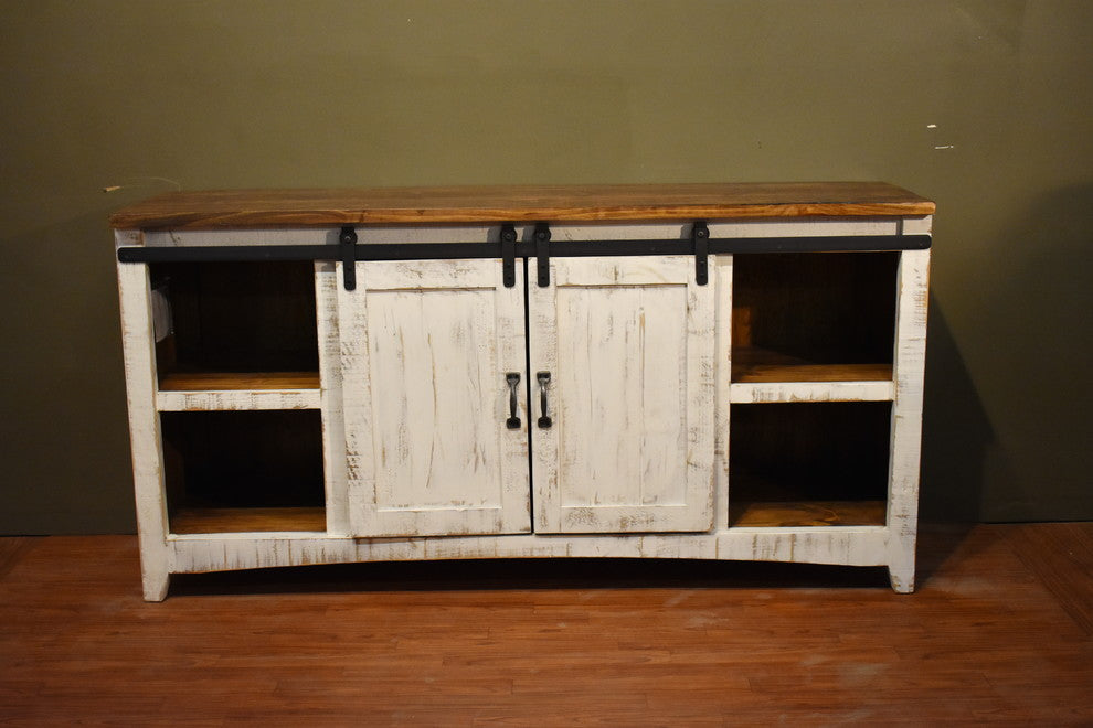 Rustic 68" White Barn-Door Media Console