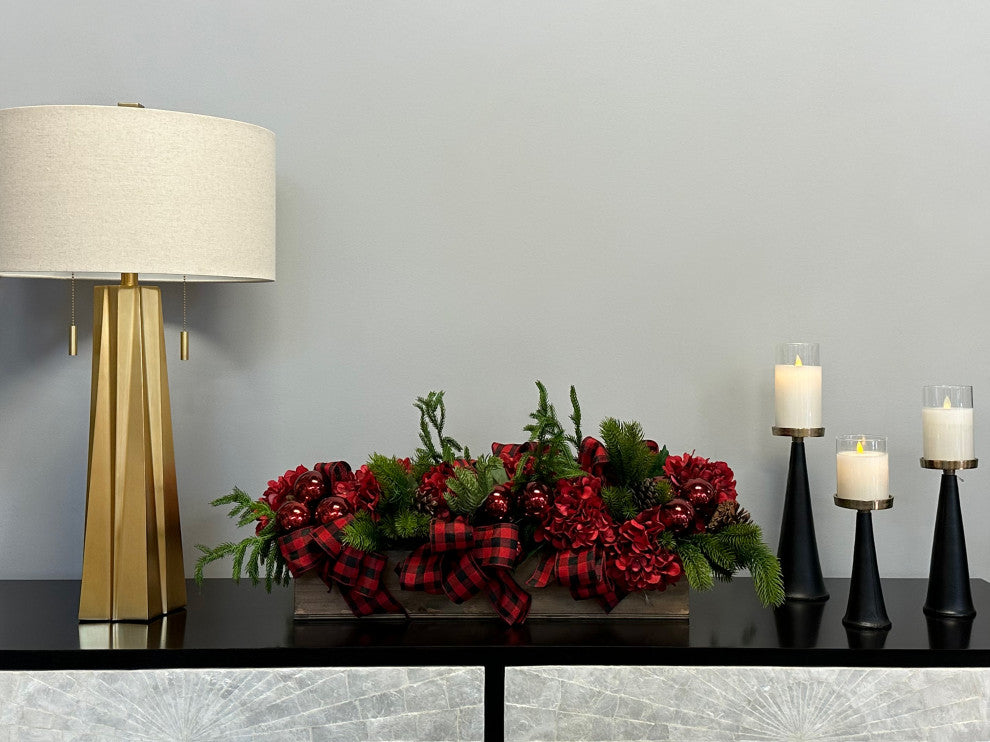 Hydrangea and Evergreen Holiday Arrangement in a Wood Planter
