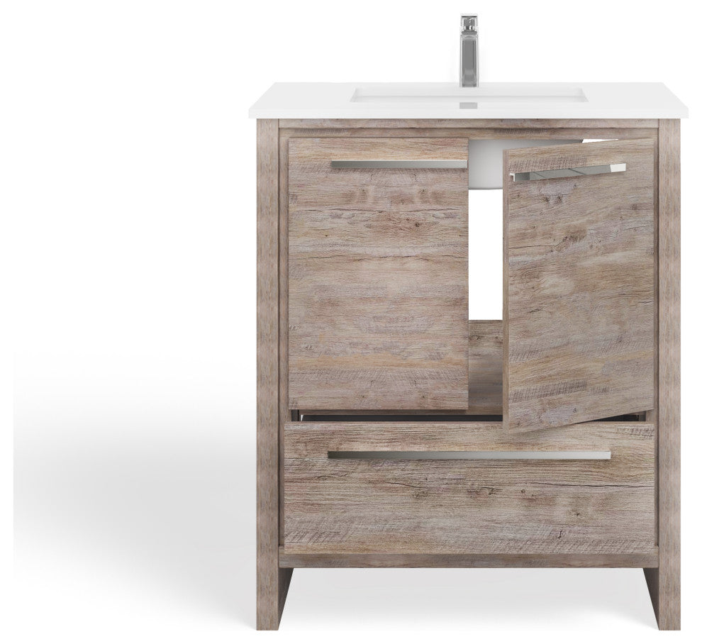 Esconde Bath Vanity, Natural Wood, 30", Single Sink, Freestanding