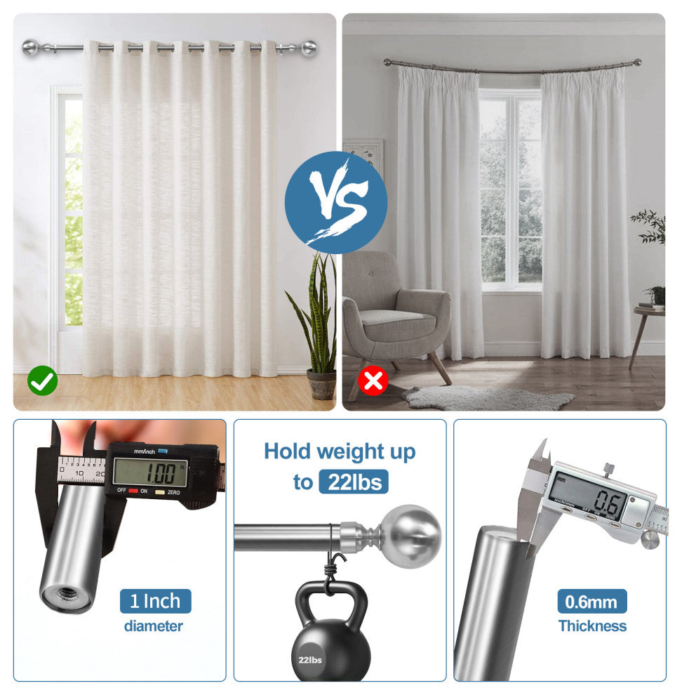 1" Steel Ball Drapery Curtain Rod, Brushed Steel, 48"-84"