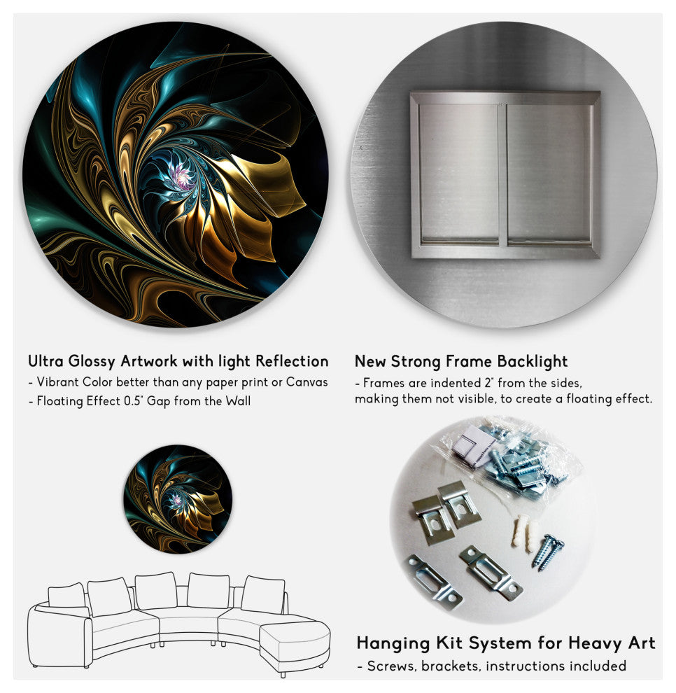 Designart 'Brown Blue Fractal Flower in Black' Abstract Disc Metal Wall art, Dis