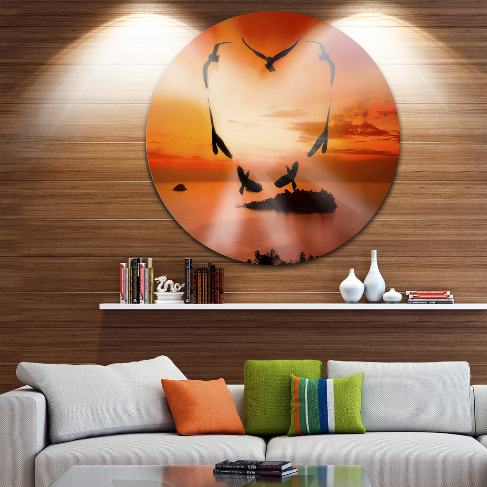Crow Heart At Sunset, Digital Art Round Metal Wall Art, 11"