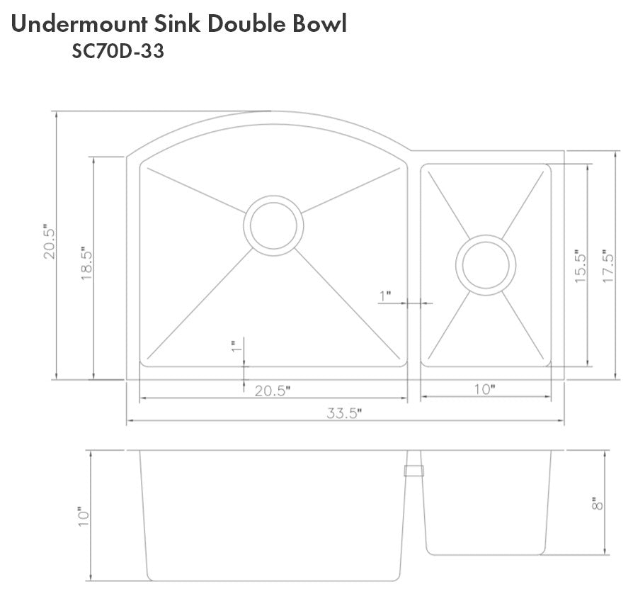 ZLINE 33 In. Under Mount Sink, Stainless Steel, Double Bowl, SC70D-33