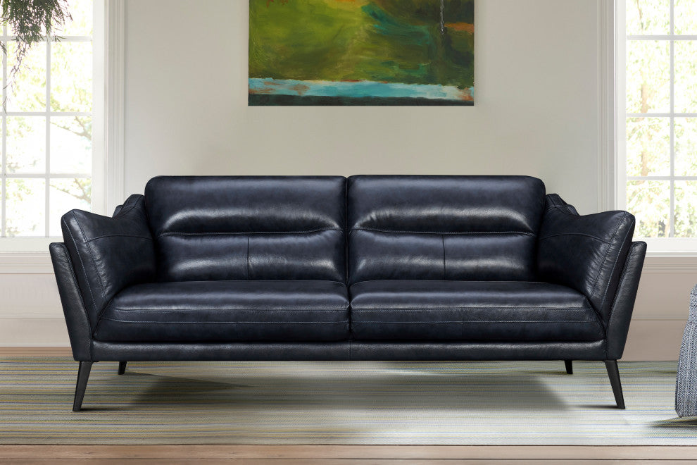 Franz 87" Modern Genuine Leather Sofa, Blue Midnight