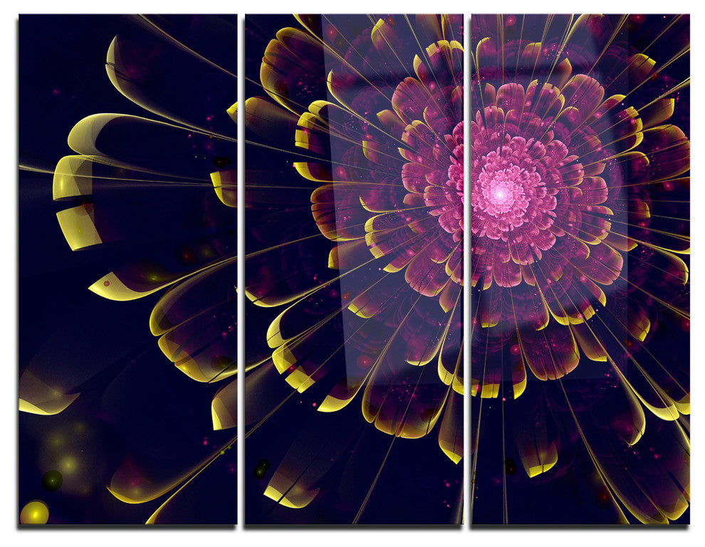 "Fractal Flower With Yellow Details" Digital Metal Wall Art, 3 Panels, 36"x28"