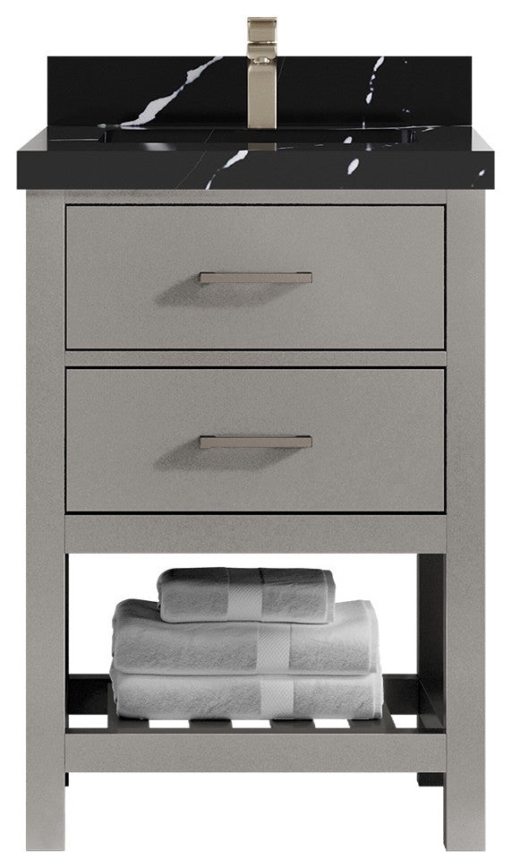 Parker 24" Single Sink Bath Vanity, Elephant Skin Gray 2" Calacatta Black