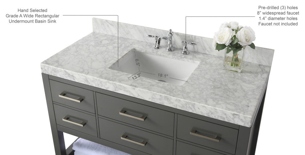 Arcadia Bath Vanity, Sapphire Gray, 48", Brushed Nickel Hardware, Single, Freestanding