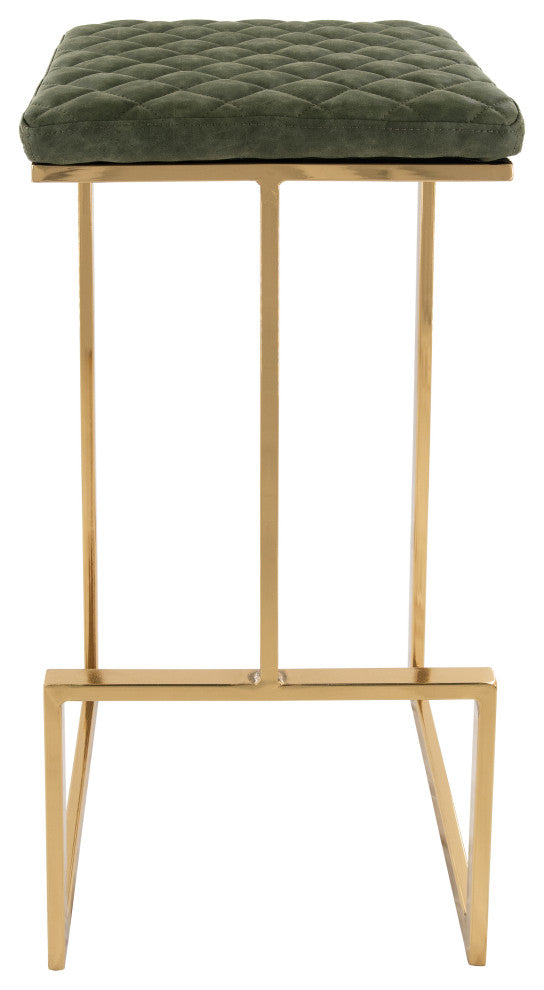 Quincy Leather Barstool Square Seats and Gold Metal Frame, Olive Green