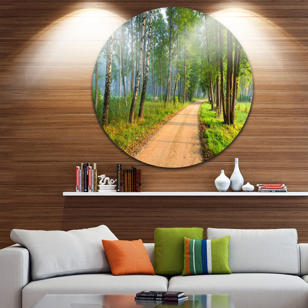 Road In Green Morning Forest, Landscape Photo Round Metal Wall Art, 23"