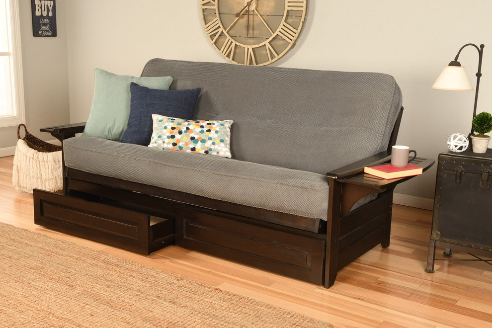 Mesa Frame Futon With Espresso Finish, Storage Drawers, Marmont Dark Gray
