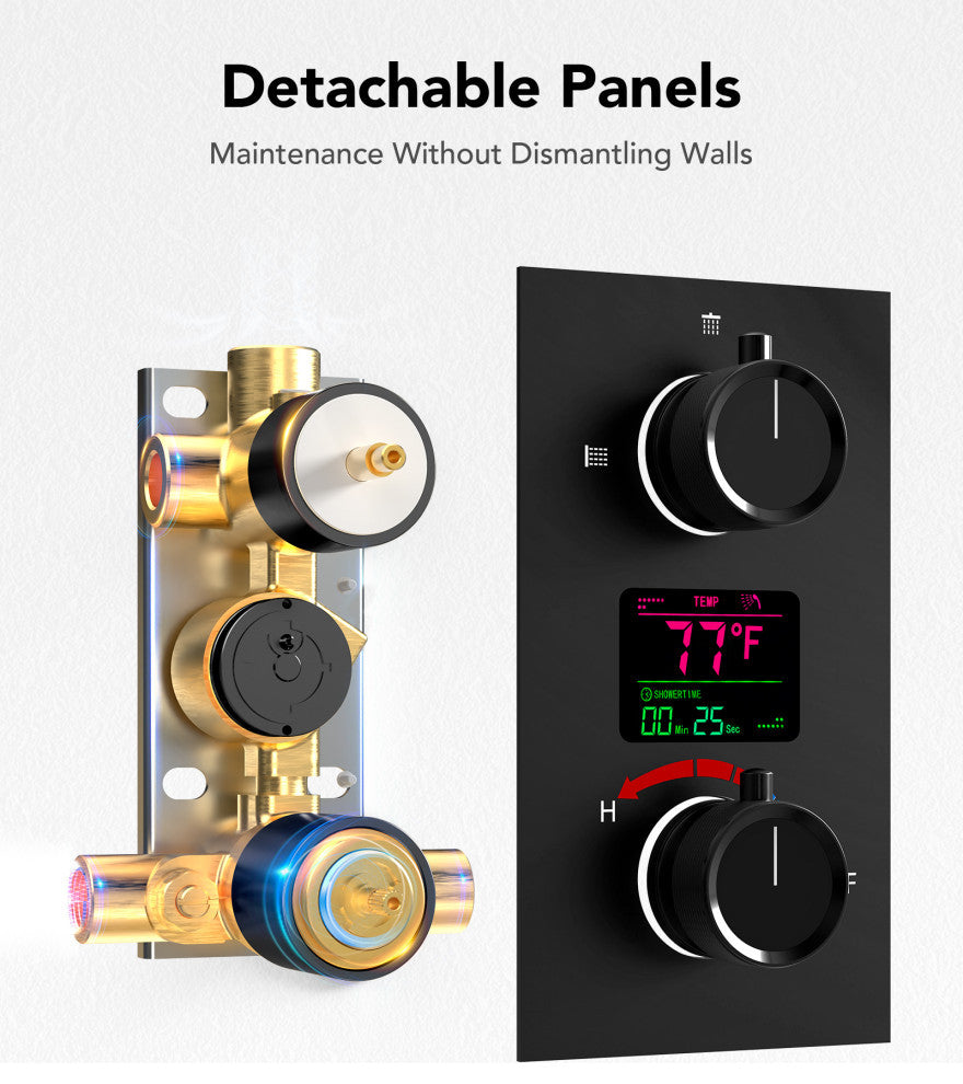 Digital Shower System 12" Rainfall Shower Head With 6 Body Jets, Matte Black