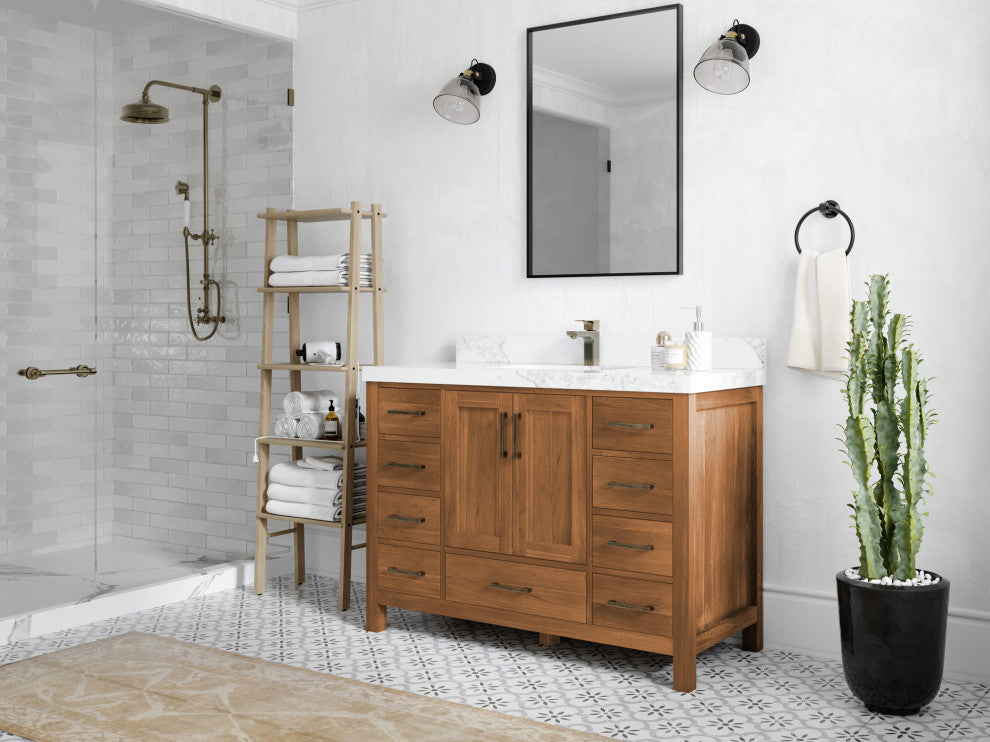 Malibu Teak 48 Single Sink Bath Vanity in Golden Teak 2" Carrara Marble