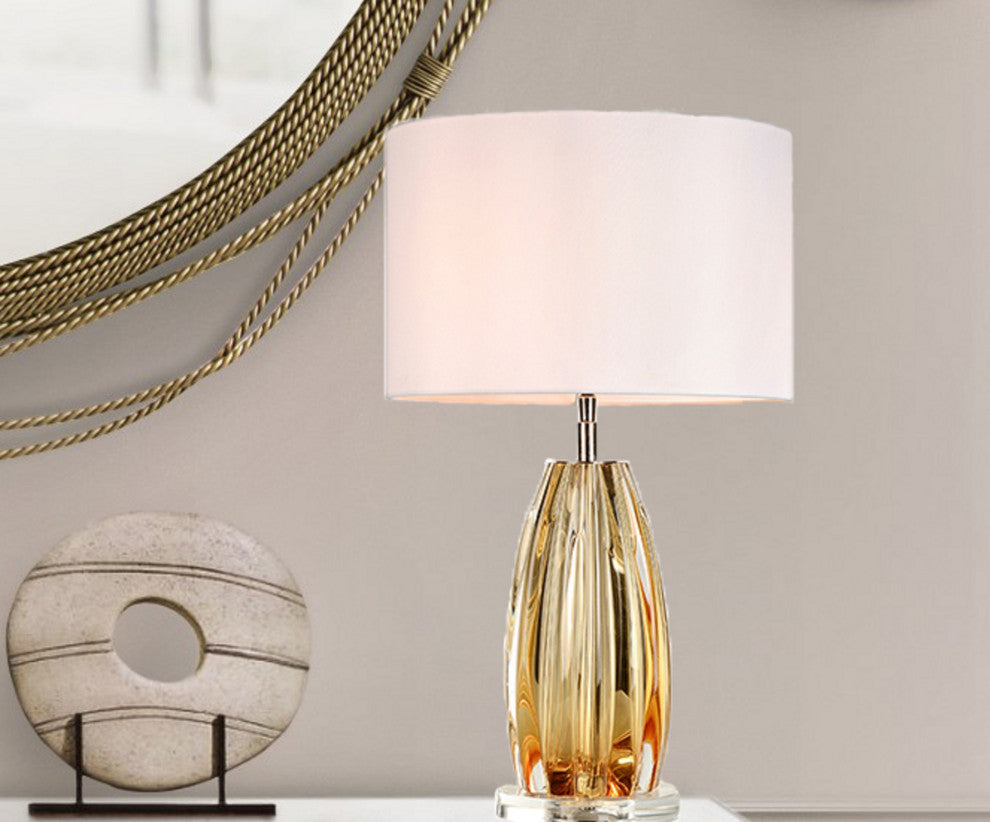 Clear Sculpted Amber Glass 25" Lamp With Crystal Base and Drum Shade