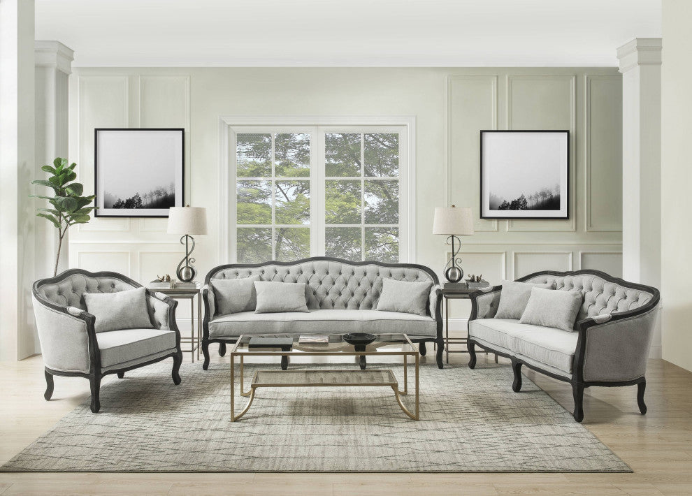 Samael Sofa With 3 Pillows, Gray Linen and Dark Brown Finish