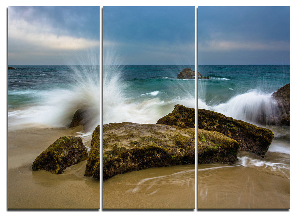 "Waves Crashing Rocks at Woods Cove" Metal Wall Art, 3 Panels, 36"x28"