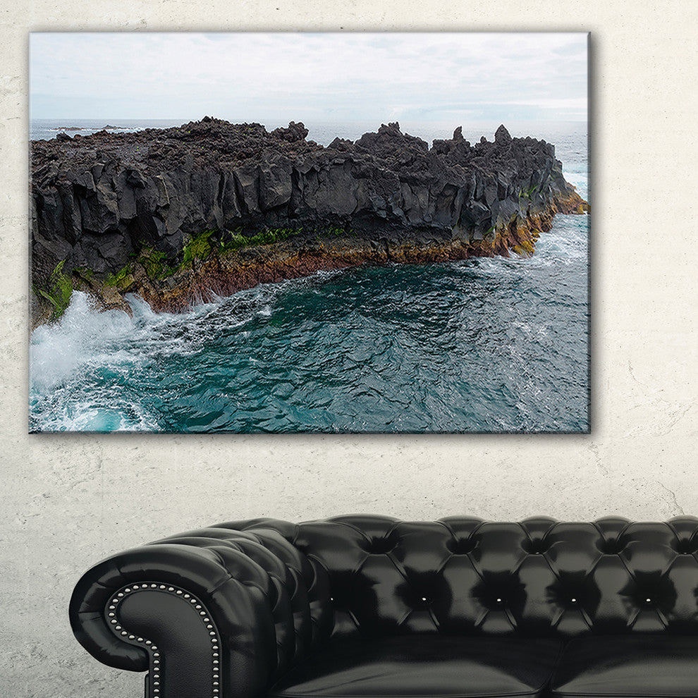 "Rocky Coast With Moss in Azores" Seashore Canvas Art, 32"x16"