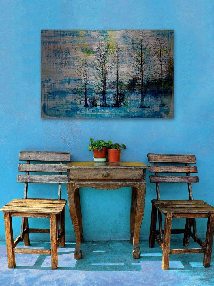 "Fir Trees Blue" Painting Print on Brushed Aluminum, 45"x30"