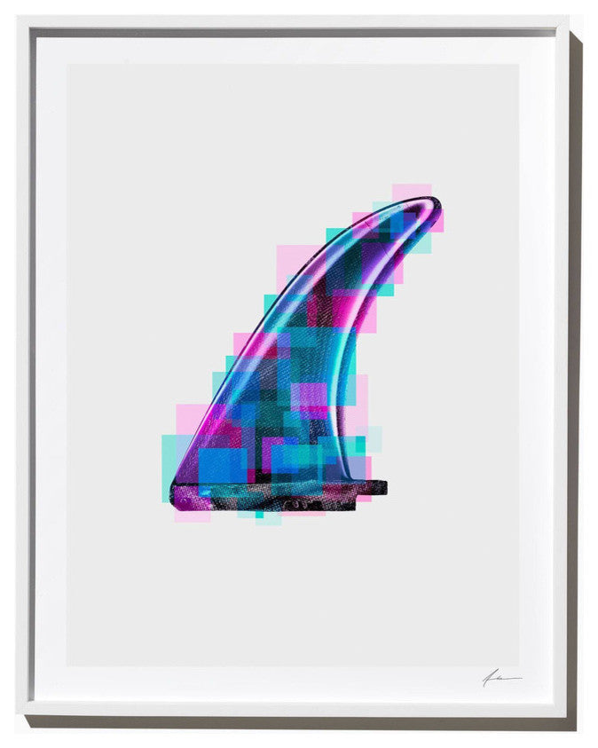 "Teal and Purple Single Fin", Surf Art Photograph, White Frame, 27''x35''