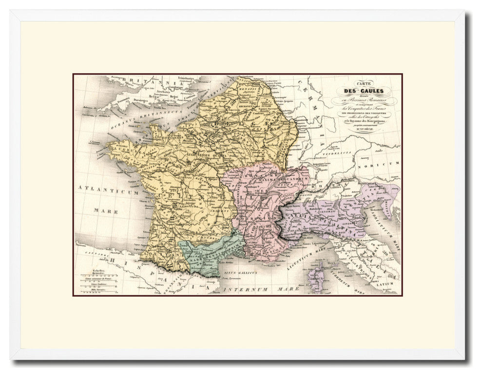 France Old Map Print On Canvas With Picture Frame Art Collection 16" X 21"