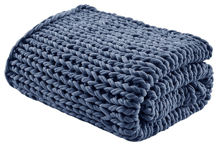 Madison Park Chunky Double Knit Handmade Throw Blanket, Blush, Navy Blue