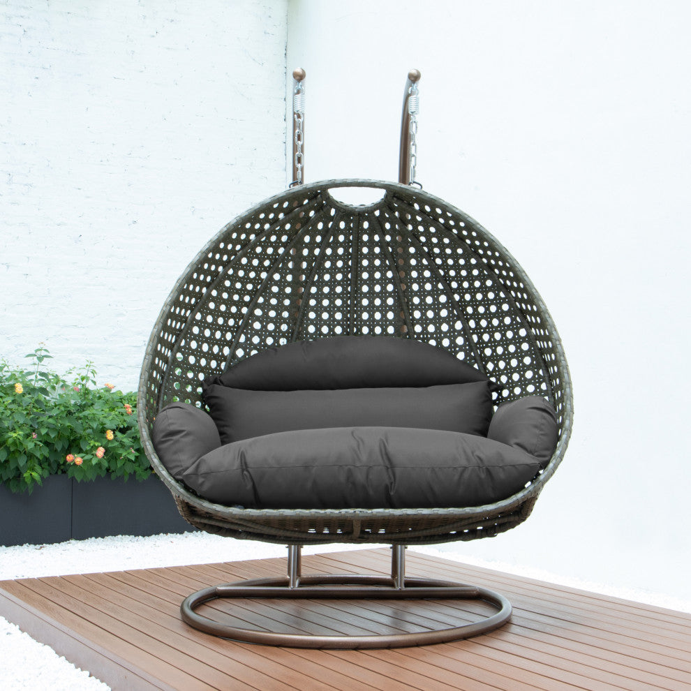 2 Person Beige Wicker Double Hanging Egg Swing Chair, Dark Gray