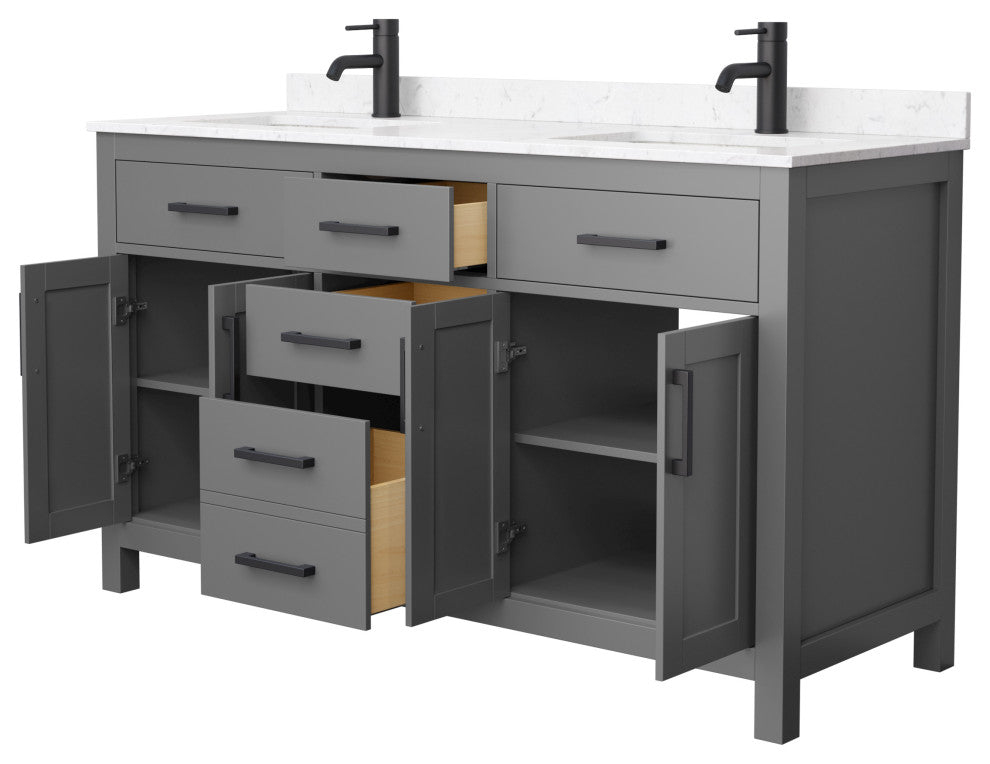 Beckett 60" Dark Gray Double Vanity, Carrara Cultured Marble Top, Black Trim