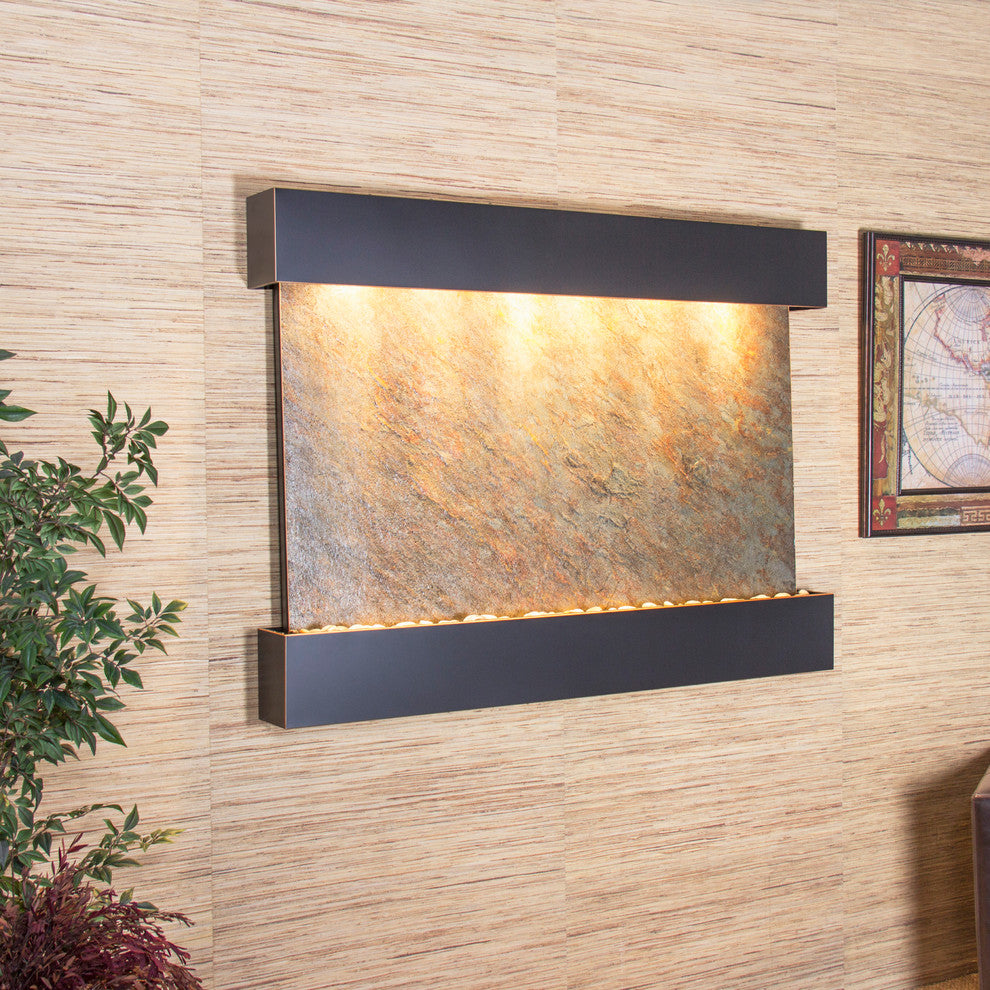 Teton Falls Water Fountain, Green Featherstone, Blackened Copper, Square Edges