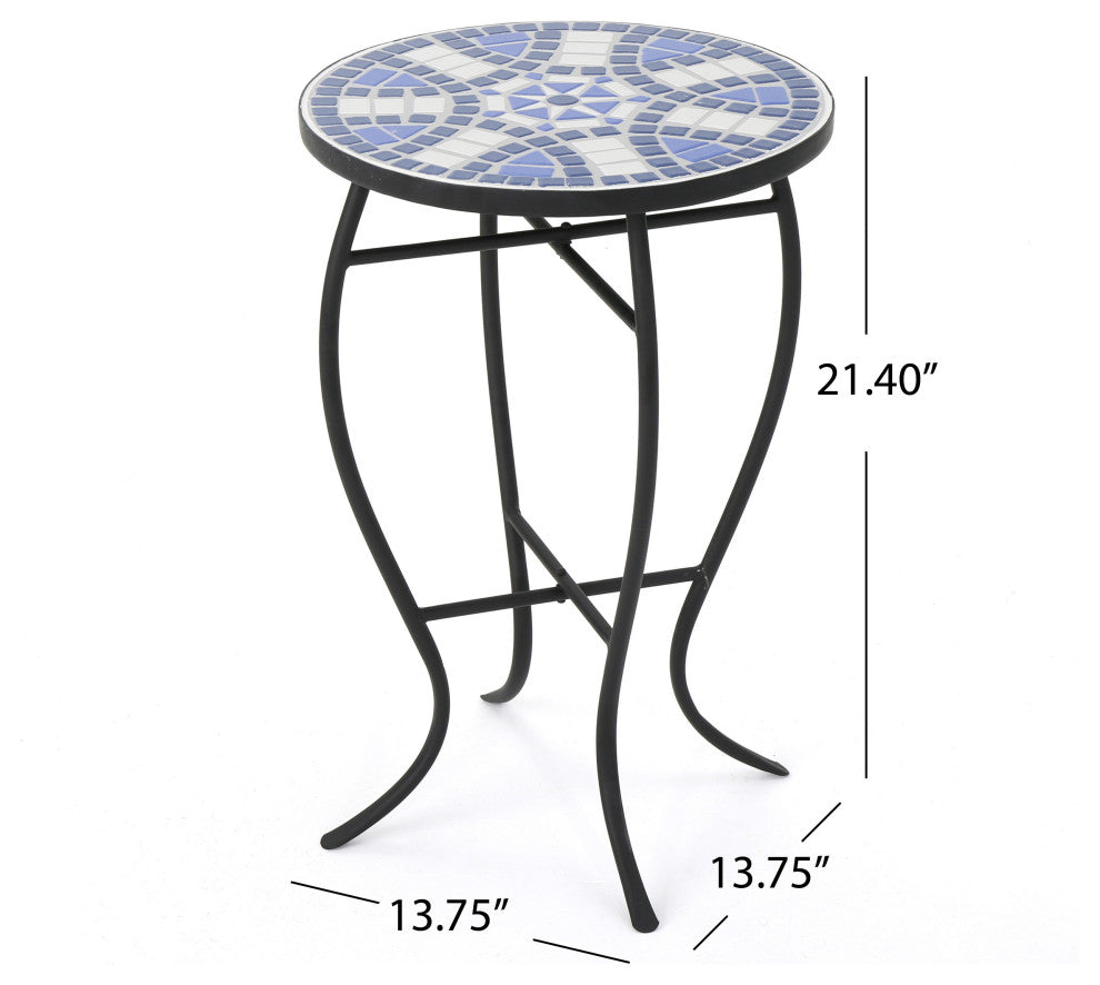 GDF Studio Harington Outdoor Blue and White Ceramic Tile Iron Frame Side Table