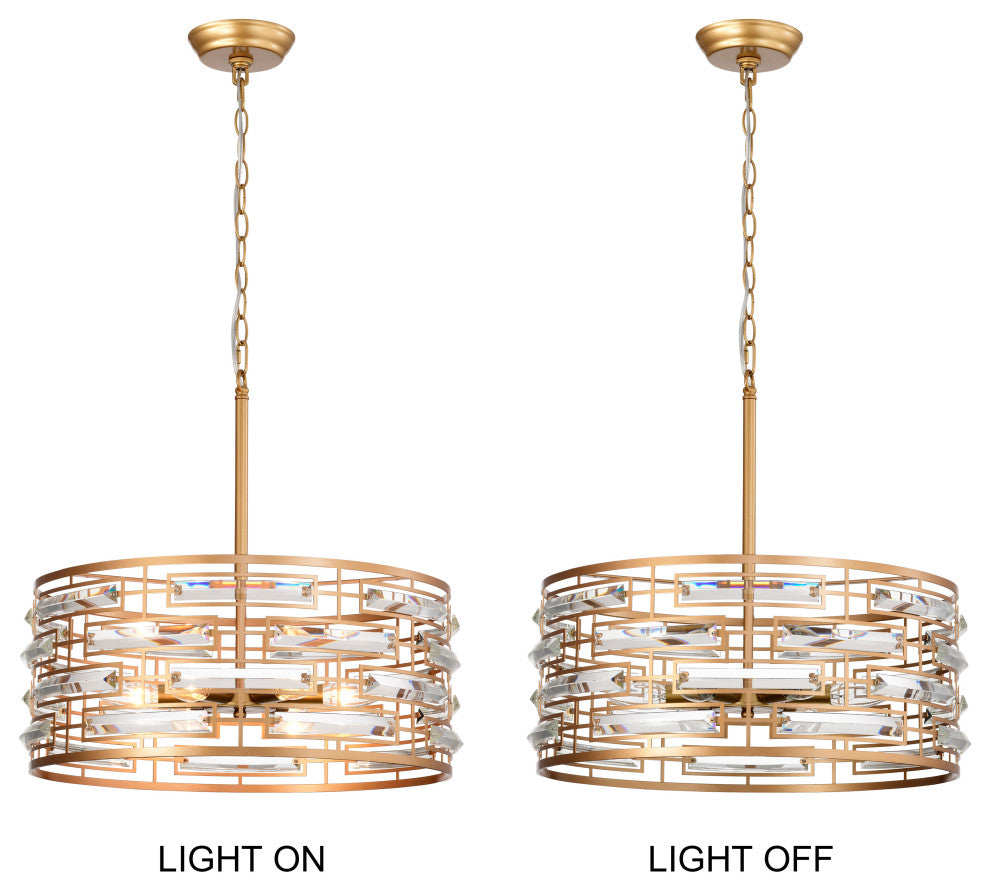 Sue Drum Shade Chandelier With Clear Glass Crystal Prism 6-light, Glossy Brass,