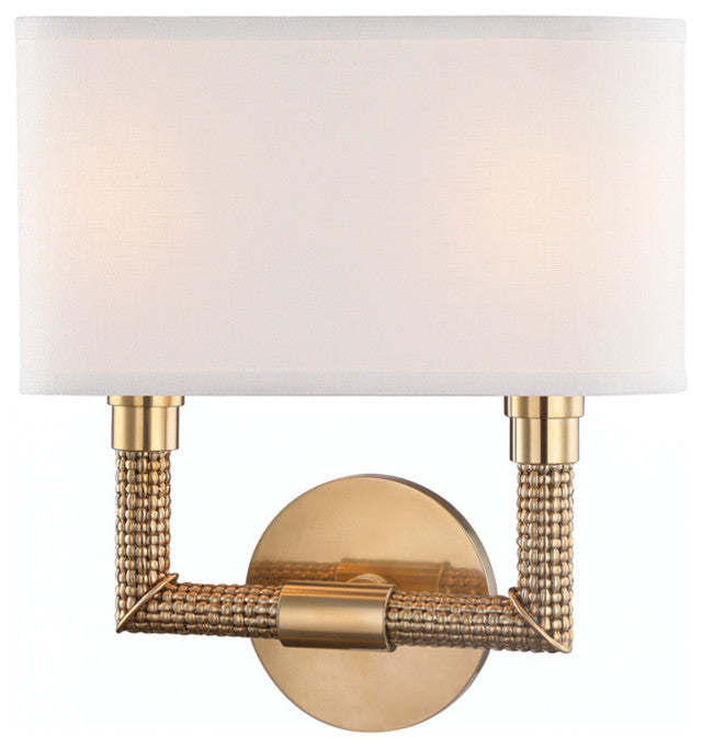 Dubois, 2-Light Wall Sconce, Aged Brass Finish, Off White Linen Shade
