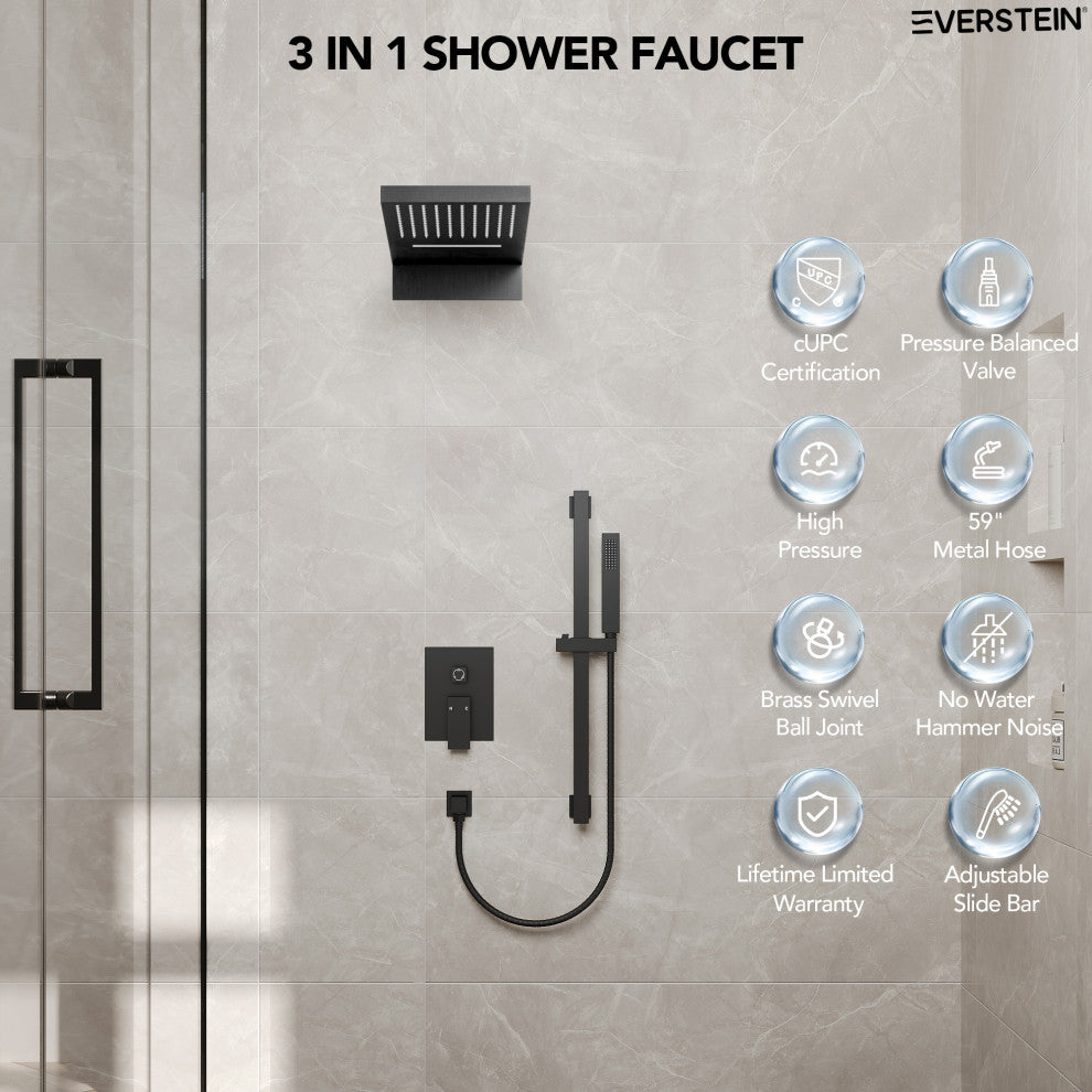 Dual-Function Waterfall & Rainfall Shower Faucet Set With Rough-In Valve, Matte Black