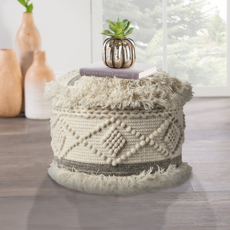 Tufted Off-White and Gray Scandinavian Pouf