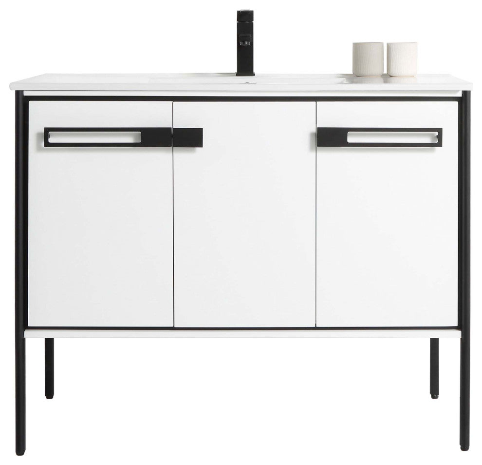 Oakville Bath Vanity, Ceramic Sink, White Matte, 42 Inch, Black Hardware