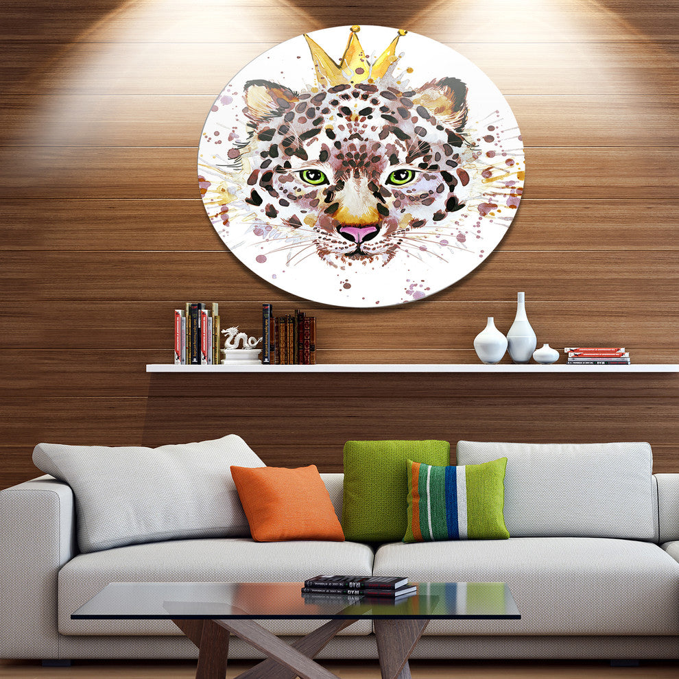 Leopard Head With Golden Crown, Animal Art Disc Metal Wall Art, 23"