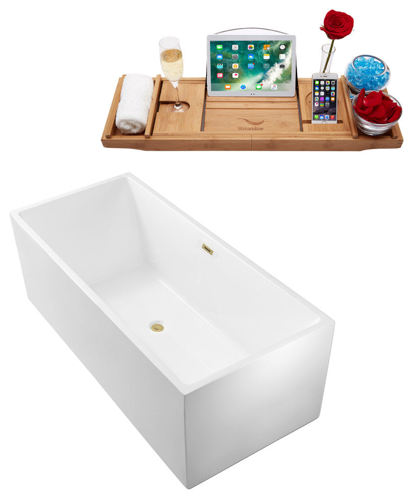 58" Streamline N262BBR Bathtub and Tray With Drain, Brushed Brass