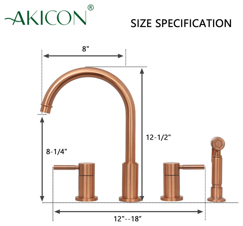 Two-Handles Copper Widespread Kitchen Faucet With Side Sprayer, Copper