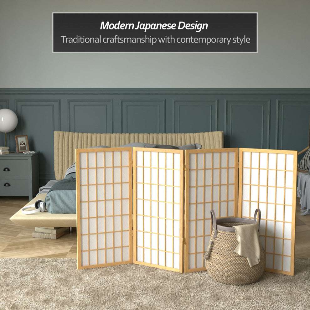 3' Tall Window Pane Shoji Screen, Natural, 4 Panels