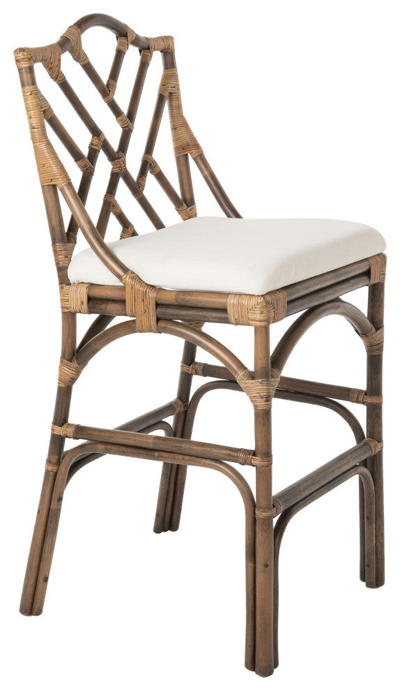 Chippendale Rattan Barstool, Antique Brown and Off-White Upholstery