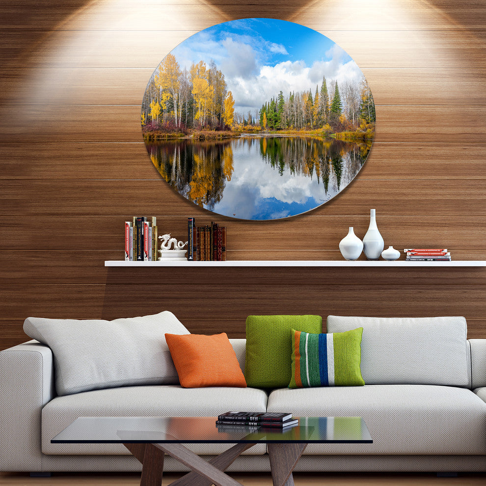 Nice Autumn Trees With Forest Lake, Landscape Disc Metal Artwork, 11"