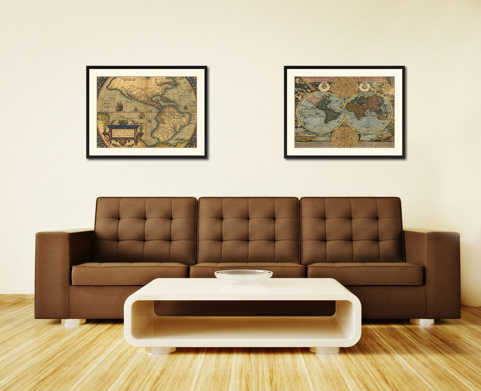 North South America Vintage Map Print On Canvas With Picture Frame, 28" X 37"