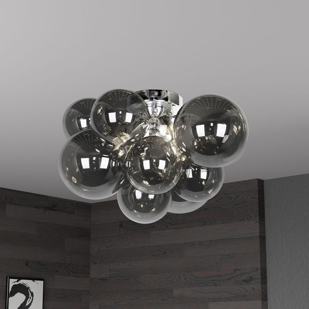 3-Light Flush Mount, Polished Chrome With Smoked Glass
