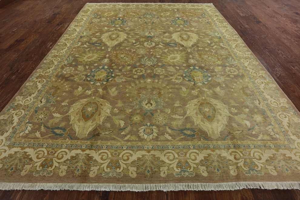 Authentic Oushak Hand-Knotted Mocha Peshawar Chobi Oriental Wool Rug, 9'x12'