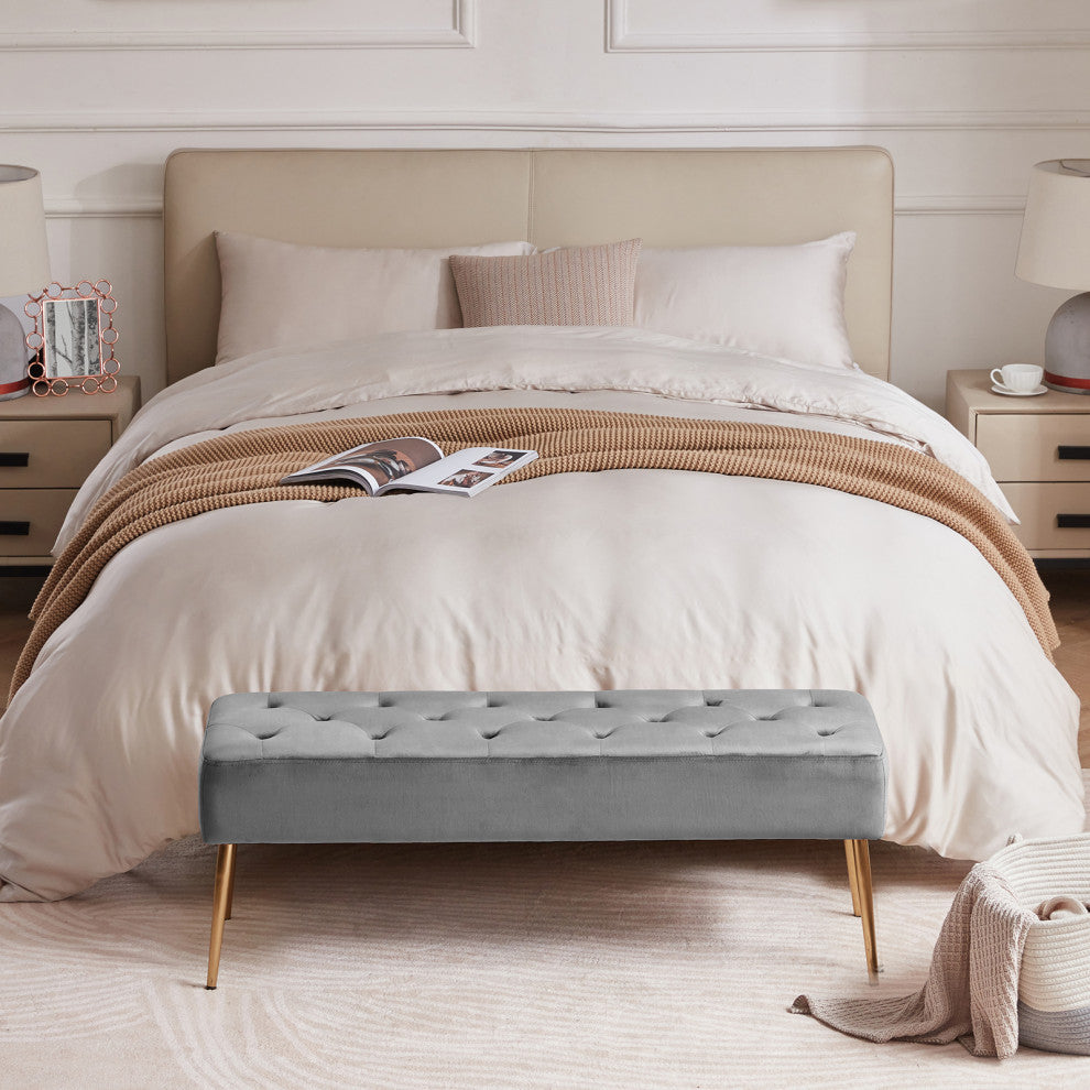 Button Tufts Bedroom Bench, Grey-Velvet