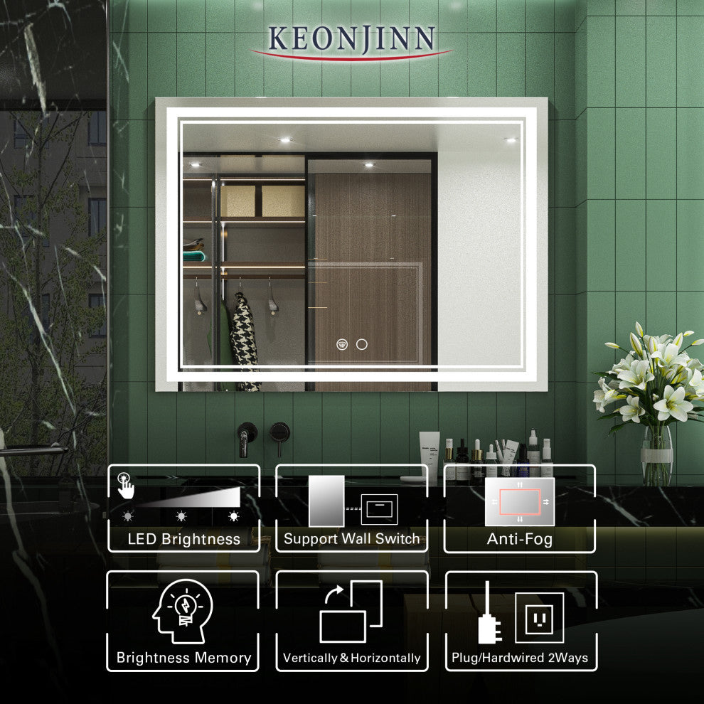 LED Bathroom Mirror, Anti-Fog Memory Dimmable IP54 Waterproof, 48"x36"