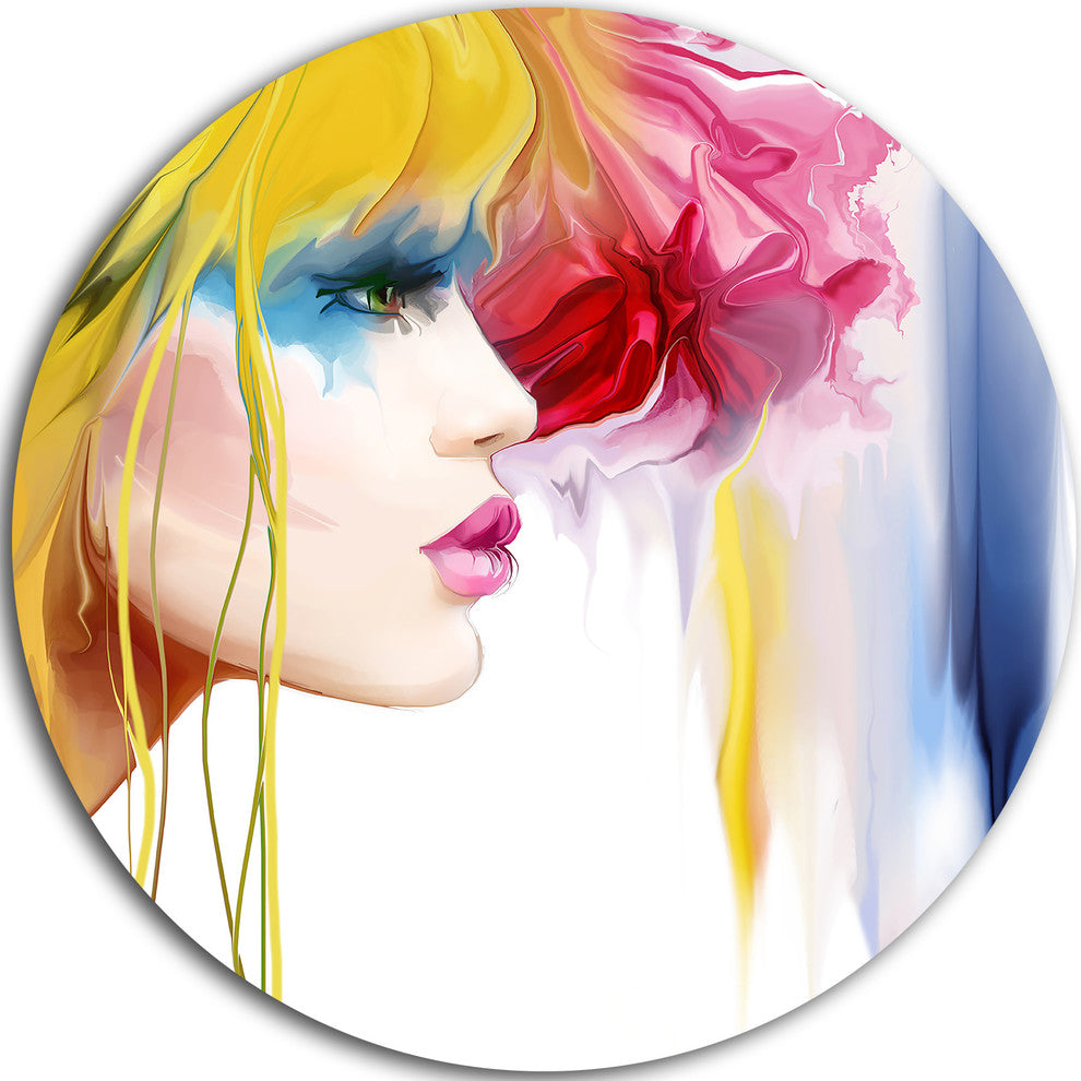 Girl With Colorful Hair, Portrait Contemporary Disc Metal Wall Art, 23"