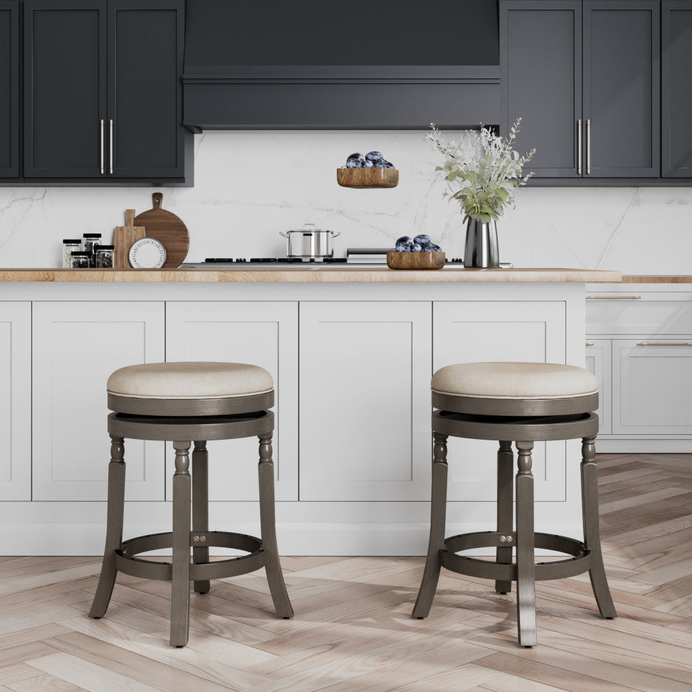 DTY Palmer Lake Swivel Stool, Weathered Gray/ Beige Fabric Seat, 24" Counter Stool